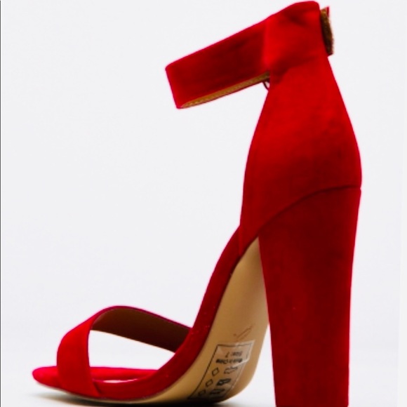 RED SUEDE CHUNKY ANKLE STRAP HEELS - Picture 3 of 5
